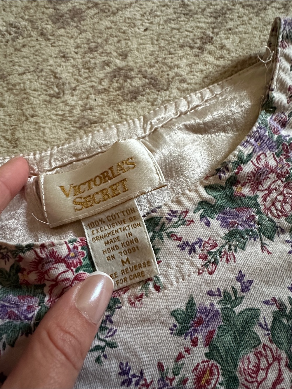 Victoria's Secret Cream Floral Cotton Sleep Top with Green & Purple Print